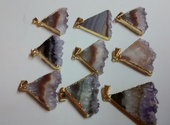 Stones from Uruguay - Amethyst Triangular Slice Pendants with Gold Plating(30mm)