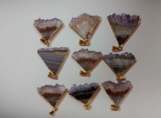 Stones from Uruguay - Amethyst Triangular Slice Pendants with Gold Plating(30mm)