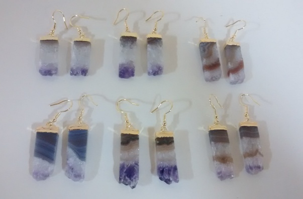 Stones from Uruguay - Amethyst Rectangle Slice  Earring , Gold Electroplated,  Size 10mm