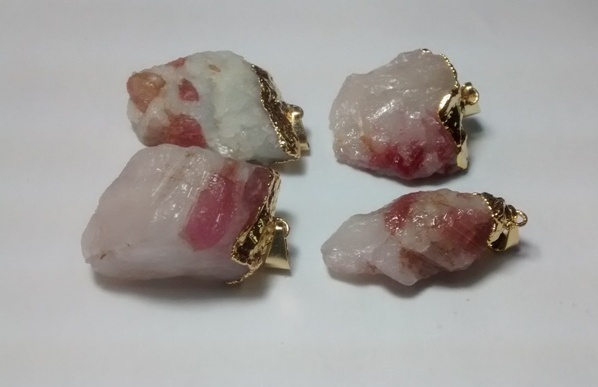 Stones from Uruguay - Raw Pink Tourmaline Crystal Pendant on Quartz Crystal Matrix, Gold Electroplated