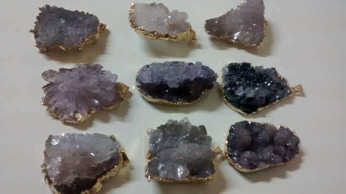 Stones from Uruguay - Amethyst Calcite Flower Pendants, Gold Electroplated, Size 31-60mm