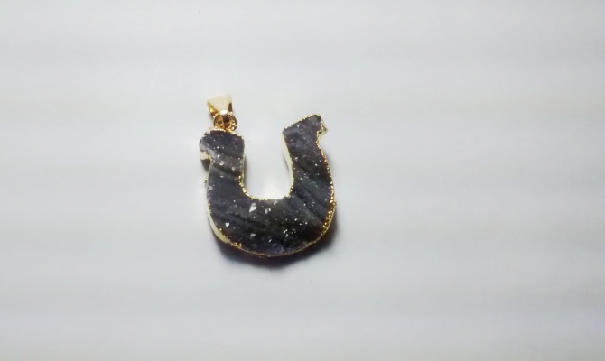 Stones from Uruguay - Chalcedony Druzy Horseshoe Pendant, Gold Electroplated (30mm)
