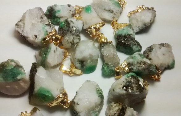 Stones from Uruguay - Raw Emerald Pendant on Quartz Matrix, Gold electroplated