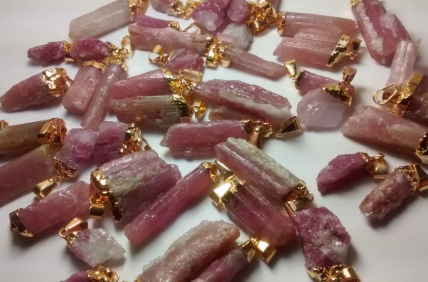Stones from Uruguay - Pink Tourmaline Pendants, Gold Plated,Size 21-35mm