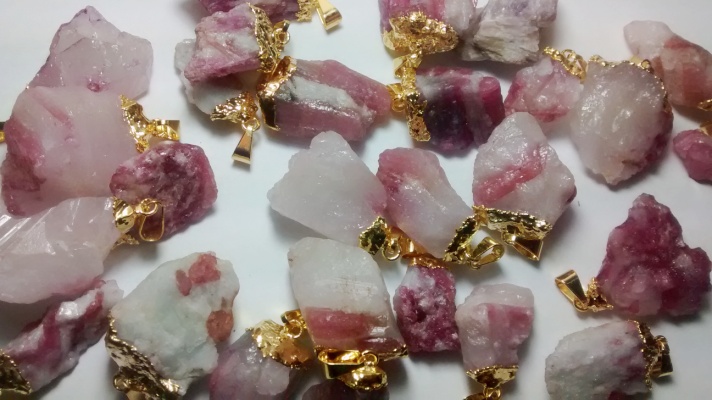 Stones from Uruguay - Gold Plated Pink Tourmaline Pendants on Matrix,Size 21-35mm