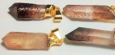 Stones from Uruguay - Quartz Crystal Point Pendants with  Red Lepidocrocite Hematite Inclusions, Gold Plated