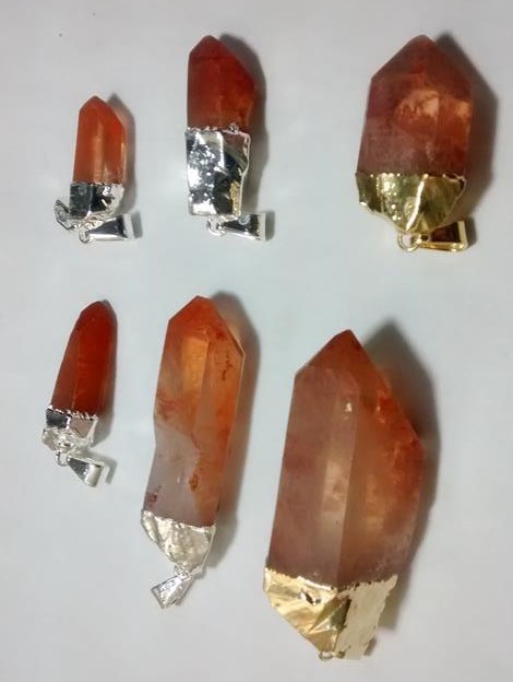 Stones from Uruguay - Tangerine Quartz Crystal Point Pendants with Electroplated