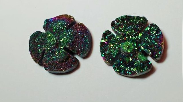 Stones from Uruguay - Green Rainbow Aura Titanium  Chalcedony Druzy Clover for Setting of Hole and Bail