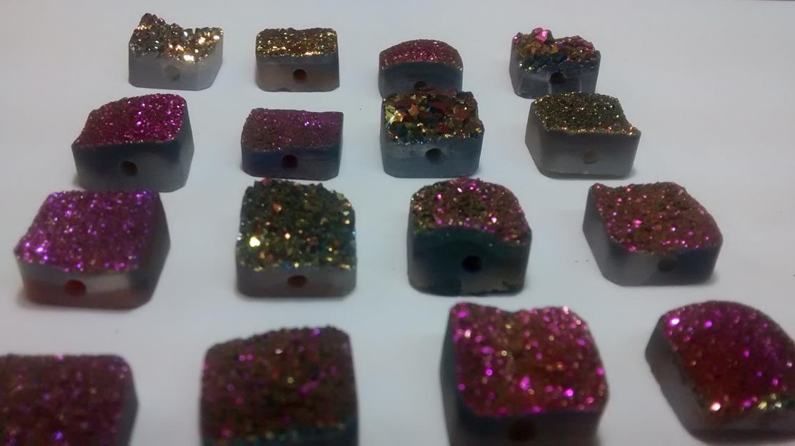 Stones from Uruguay - Pink Rainbow Aura  Coated Druzy Square for Bead Making