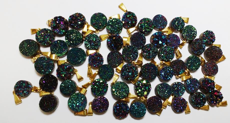 Stones from Uruguay - Green Rainbow Titanium Druzy Round Pendant with Gold Plated Bail, Size 10mm