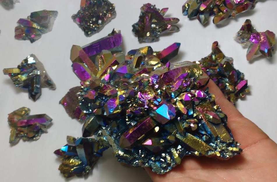 Stones from Uruguay - Rainbow Flame Aura Quartz Titanium Clusters, Rainbow Titanium Aura Cluster