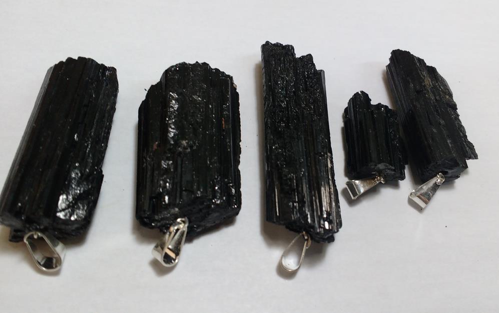Stones from Uruguay - Roughened Black Tourmaline Pendant with Drill Hole and Silver Plated Bail