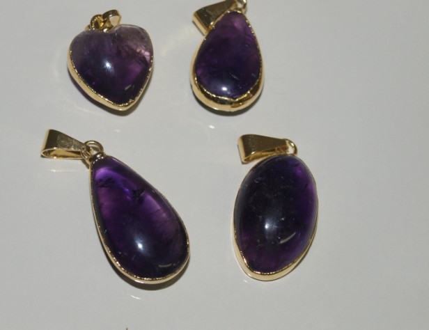 Stones from Uruguay - Amethyst Cabochon Pendants, Gold Plated