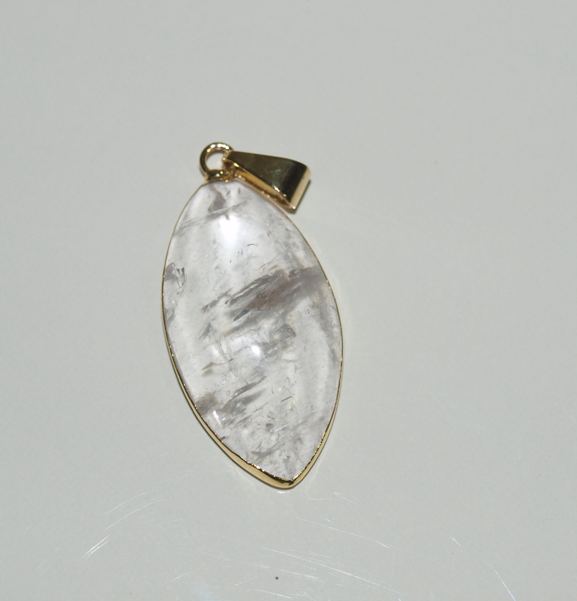 Stones from Uruguay - Clar Quartz Marquise Cabochon Pendant, 30x15mm. Gold Plated 
