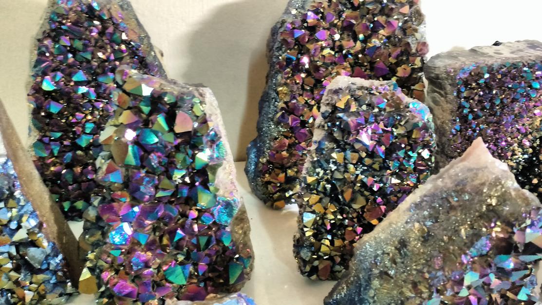 Stones from Uruguay - Rainbow Aura Coated  Amethyst Quartz  Cut Base