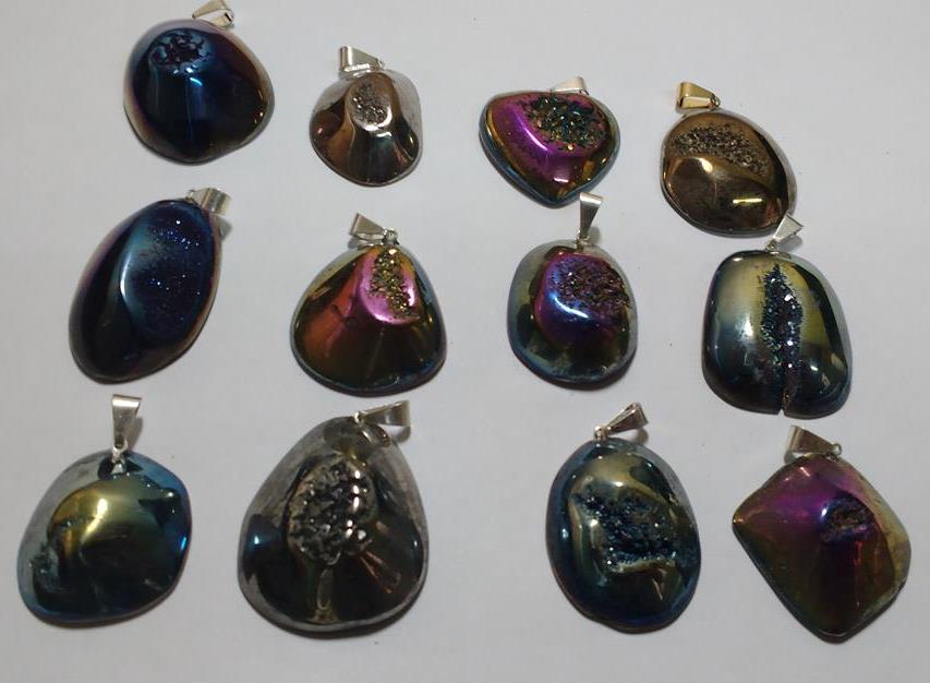Stones from Uruguay - Titanium Aura Druzy Cabochon Free Form Pendants,21-35mm, Mixed Colors, Silver Plated Bail