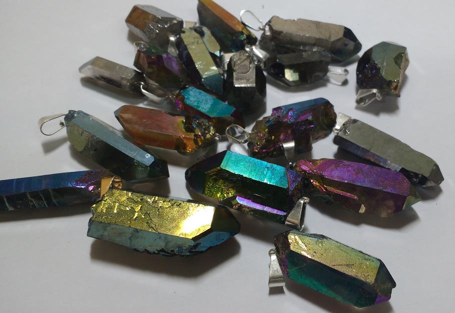Stones from Uruguay - Titanium Rainbow Aura  Quartz Crystal Point Pendants, 36-50mm,Silver Plated Bail