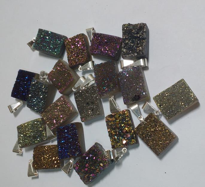 Stones from Uruguay - Titanium Aura Druzy Rectangle Pendant, 12x16mm, Silver Plated Bail, Mixed Colors