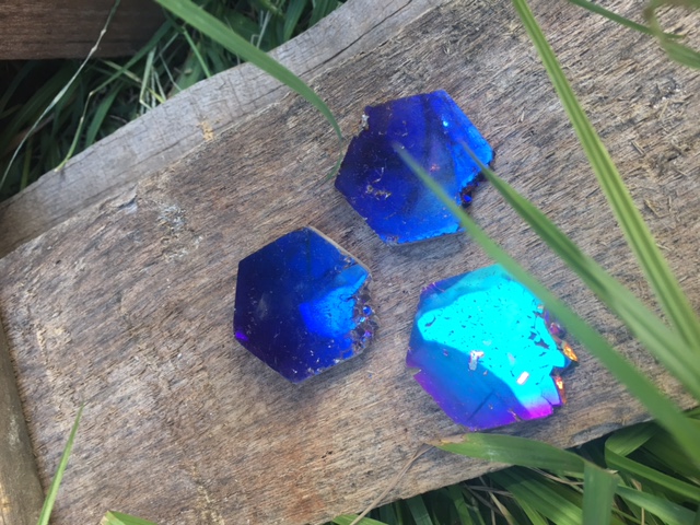 Stones from Uruguay - Cobalt Blue Titanium Aura Amethyst Druzy Hexagon Slices, 40mm