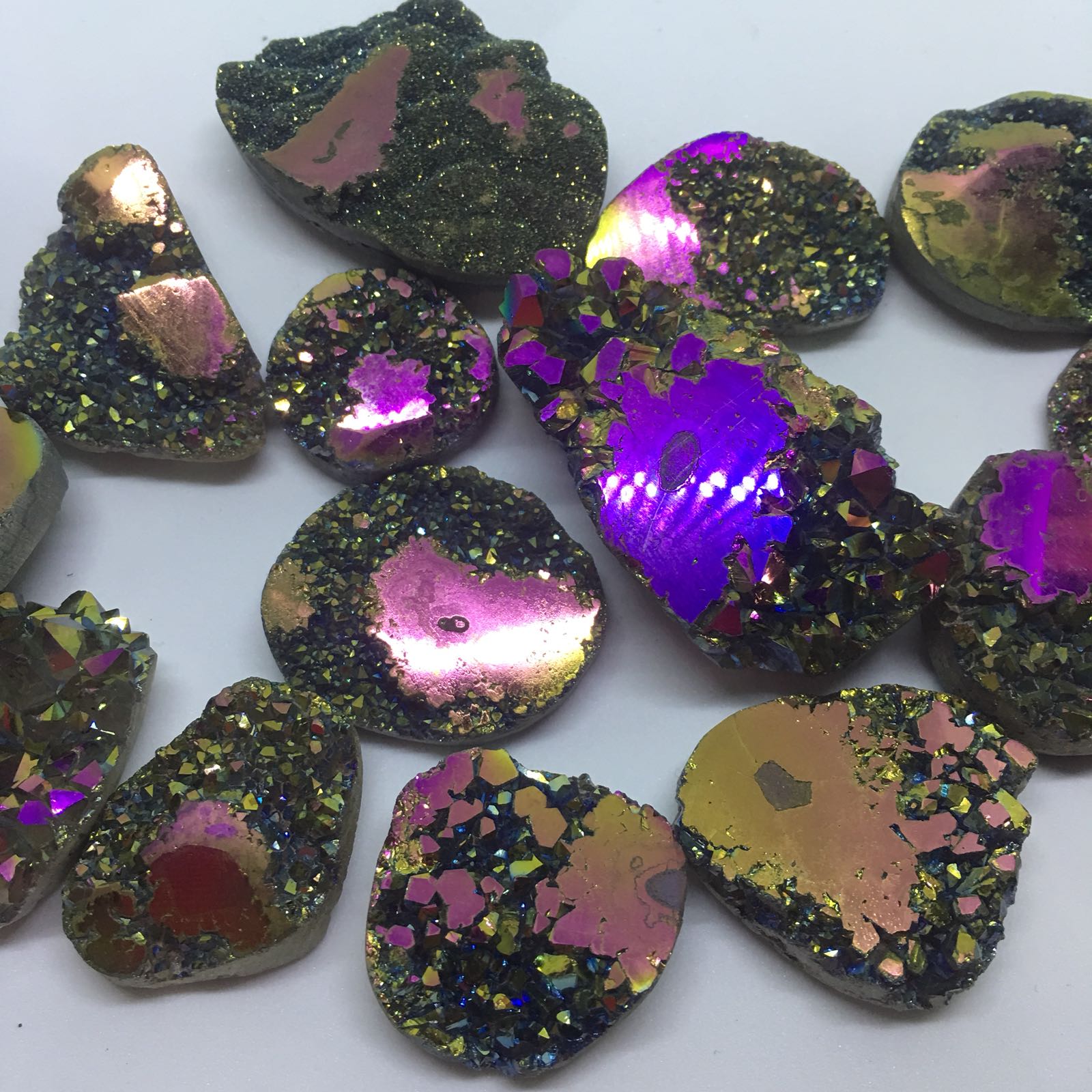 Stones from Uruguay - Rainbow Aura Coated Agate Druzy Free Form with Polished Eyes