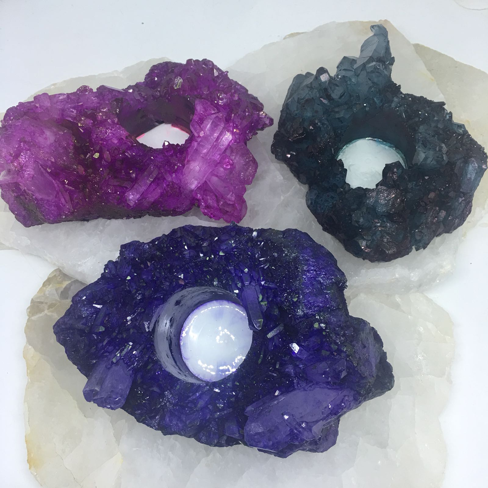Stones from Uruguay - Dyed Clear Quartz Cluster Specimen Candle Holder Tealight