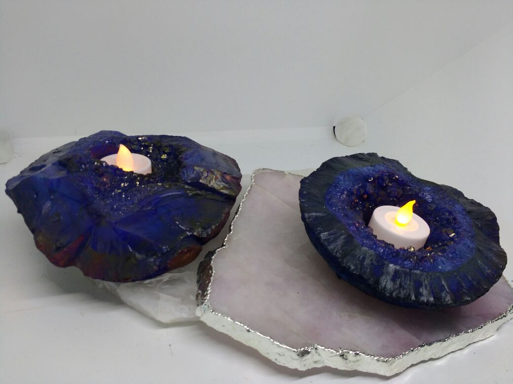 Stones from Uruguay - Blue Dyed Rough Agate Druzy Candle Holder