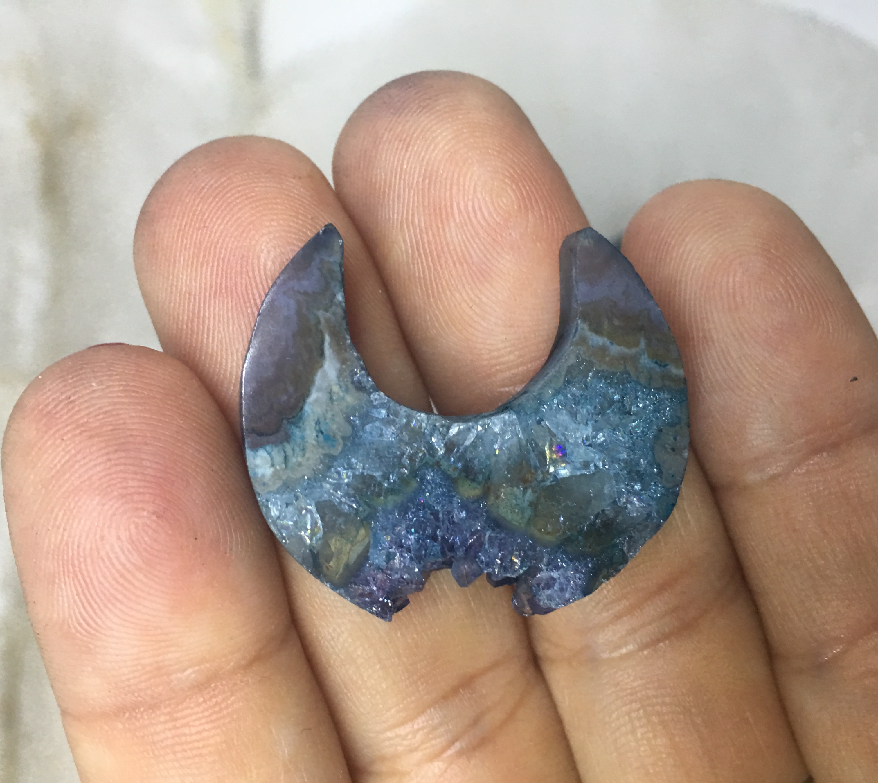 Stones from Uruguay - Teal Dyed Amethyst Druzy Crescent Moon Slice for Jewelries