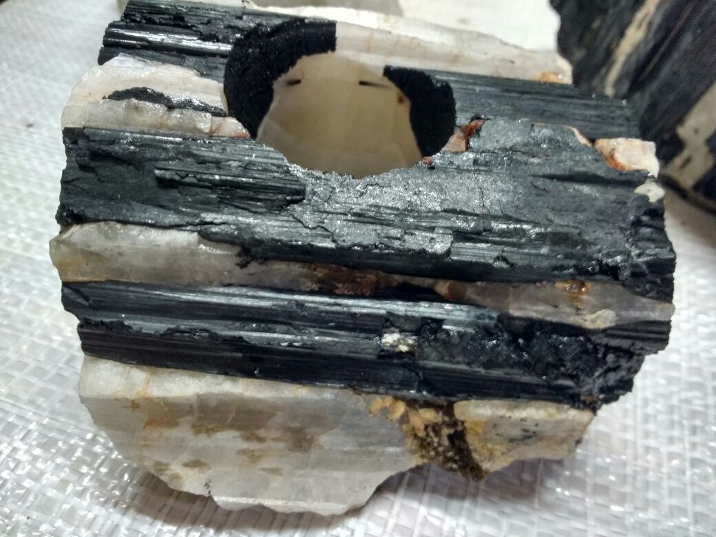 Stones from Uruguay - Black Tourmaline Candle Holder in Quartz Matrix Specimen - Black Tourmaline Crystal Candle Holder on Matrix