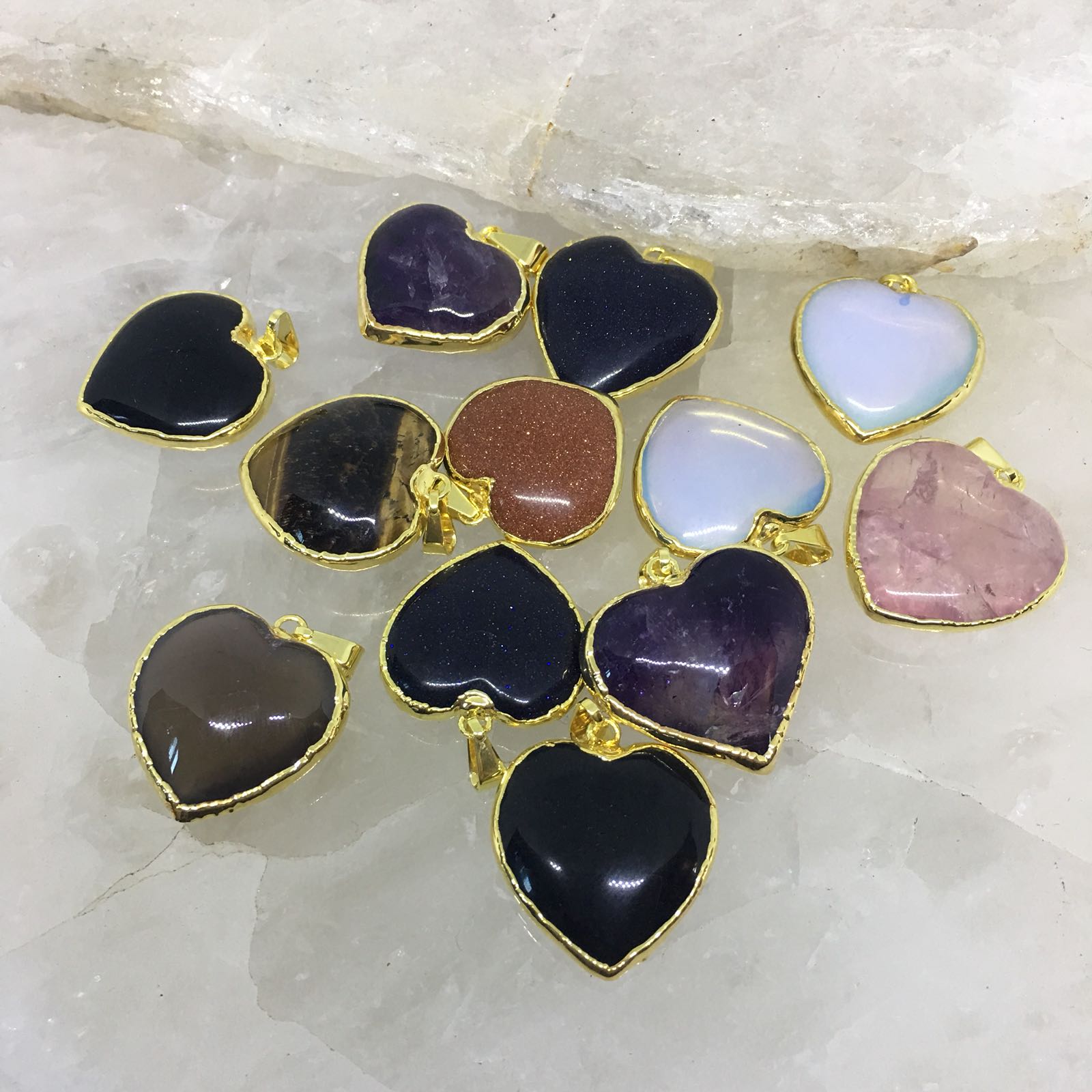 Stones from Uruguay - Gold Plated Quartz Heart Cabochon Pendants, 25mm