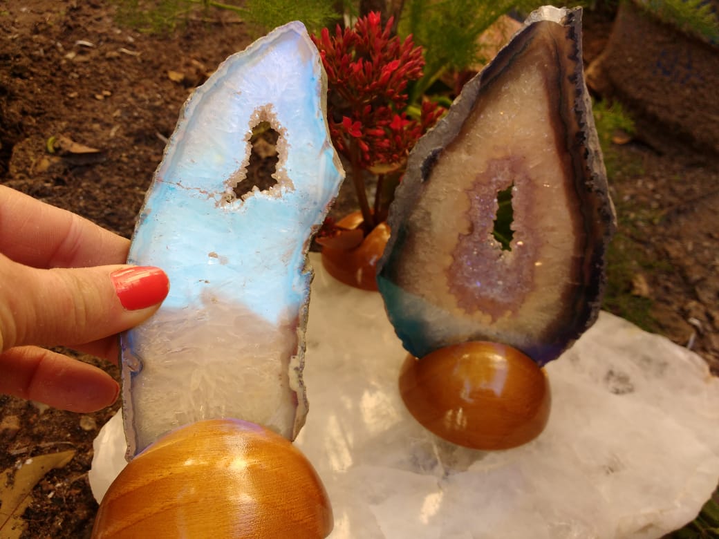 Stones from Uruguay - Angel Aura Titanium Coated Amethyst Geode  Slices with Wooden Base (Grafting, Meditation, Spiritual Work)
