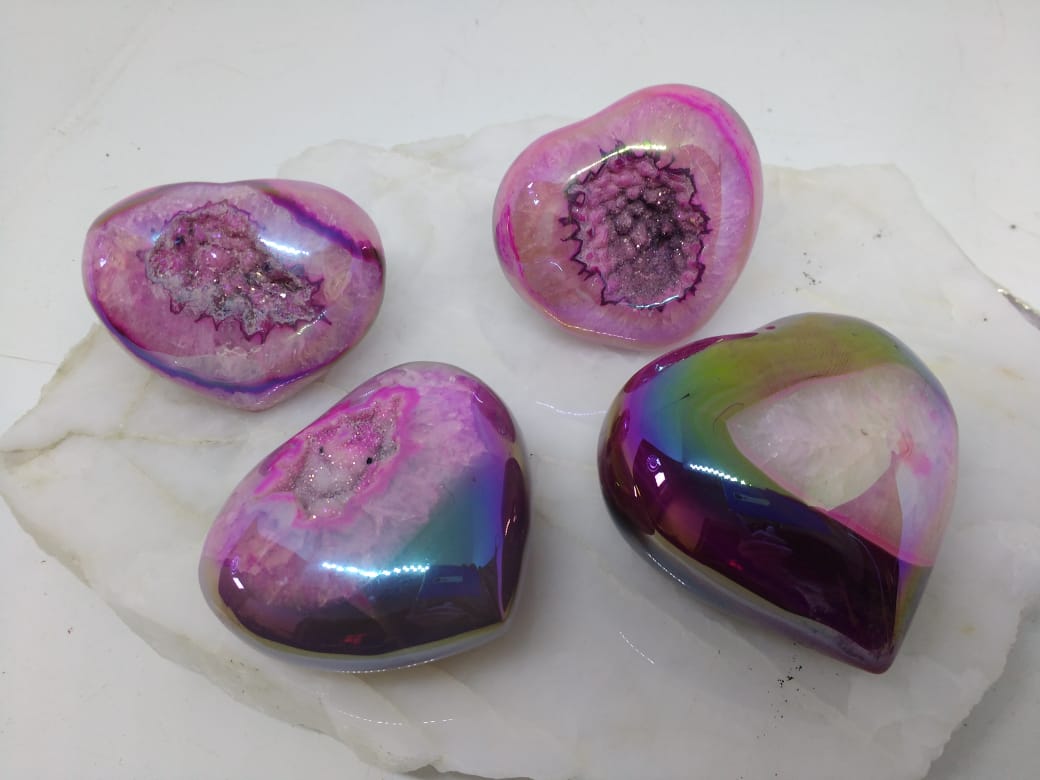 Stones from Uruguay - Pink Dyed,Angel Aura Titanium Coated Agate Geode Druzy Heart for Spiritual Practices, Crafting & Meditation
