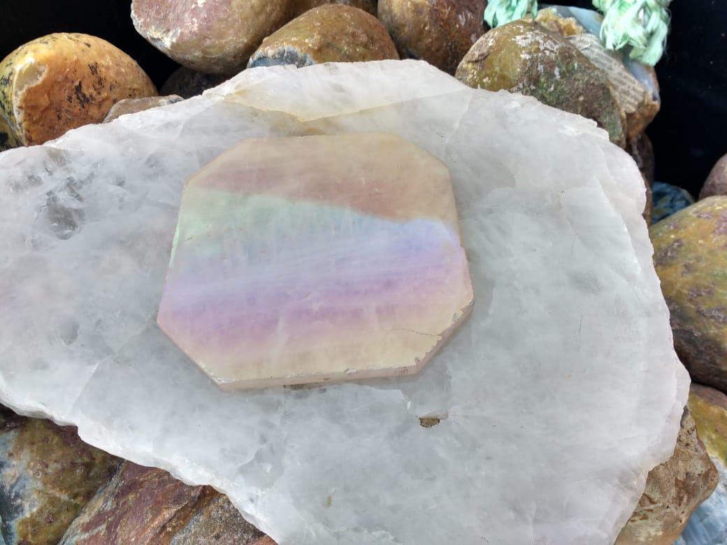 Stones from Uruguay - Angel Aura Titanium Treated Rose Quartz Hexagon Drink Coaster  for Crafting, Meditation, spiritual practices