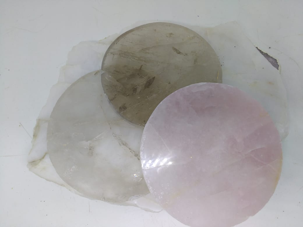 Stones from Uruguay - Rose Quartz  Round Drink Coaster - Smoky Quartz Round Drink Coaster - Clear Quartz Round Drink Coaster