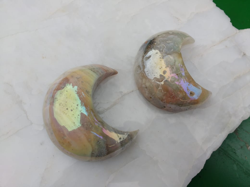 Stones from Uruguay - Angel Aura Titanoum Coated Cream Jasper Moon Crescent  Cabochon for Crafting, Meditation, Spiritual Works