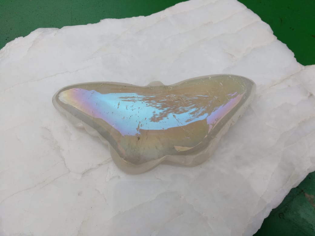 Stones from Uruguay - Angel Aura Titanium Coated  Clear Quartz Butterfly III Cabochon  for Crafting, Meditation or Metaphysical