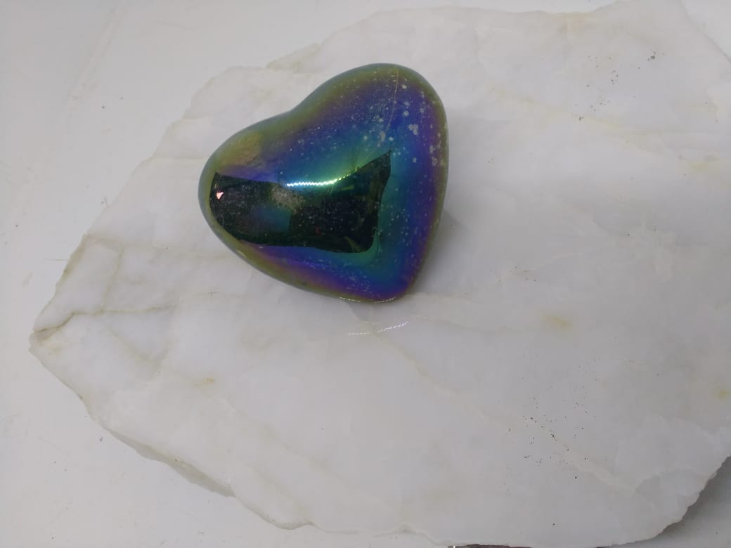 Stones from Uruguay - Polished Angel Aura Titanium Coated Green Jasper Heart