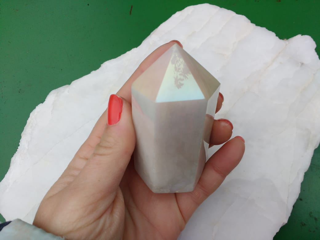 Stones from Uruguay - Angel Aura Titanium Treated White Dolomite Point for Enhance Mental Function and Concentration.