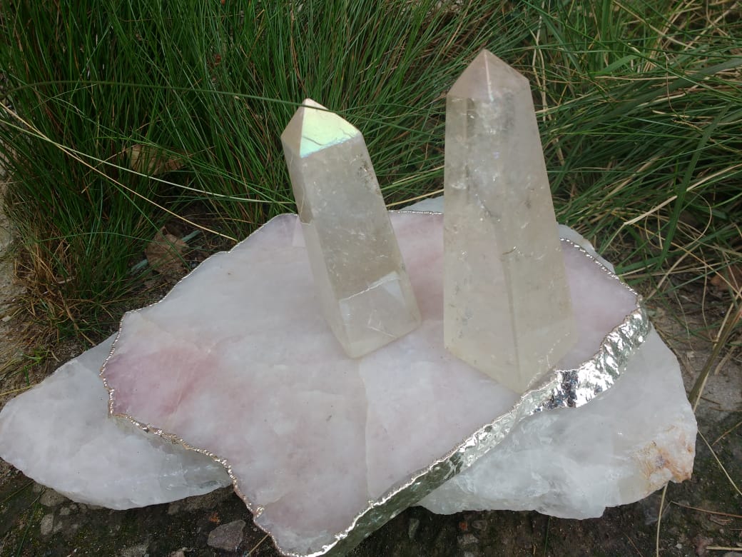 Stones from Uruguay - Angel Aura Titanium  Clear Quartz Crystal Obelisk for  Metaphysical, Enhance Mental Function and Concentration.