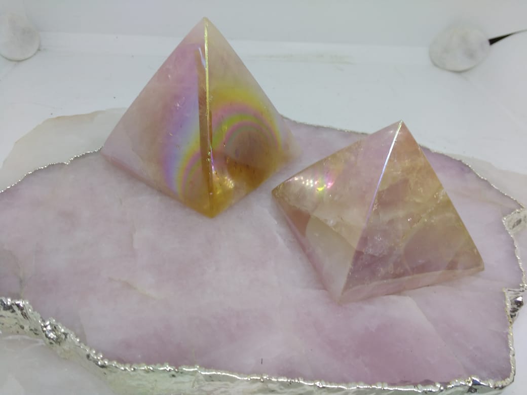Stones from Uruguay - Angel Flame Aura Rose Quartz Pyramids - Angel  Royal Aura Rose Quartz Pyramids -  Titanium Aura Coated Rose Quartz Pyramids - Angel Aura Titanium Treated Rose Quartz Pyramids