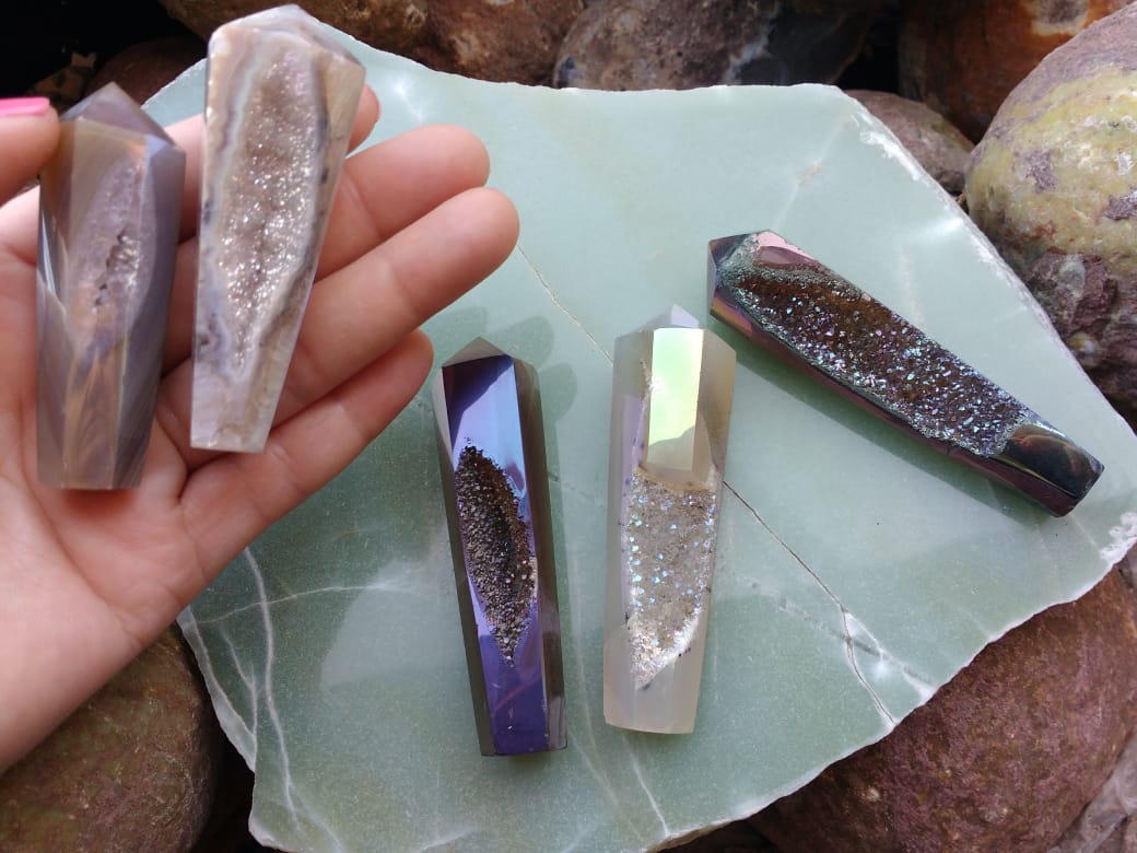 Stones from Uruguay - Angel Flame Aura Agate druzy Points to Jewelry Making - Angel Royal Aura Agate Geode druzy Points for Wire Warapped - Titanium Aura Coated Agate Druzy Points - Angel Aura Titanium Treated Agate Druzy Points