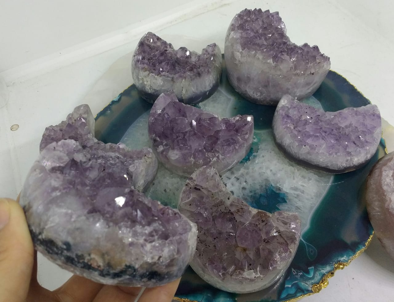 Stones from Uruguay - Polished Amethyst Cluster Moon Crecent for Decoration, Meditation, Spiritual Work - Polished Amethyst Cluster Half Moon  for Reiki Grids, Decoration and Concentration.