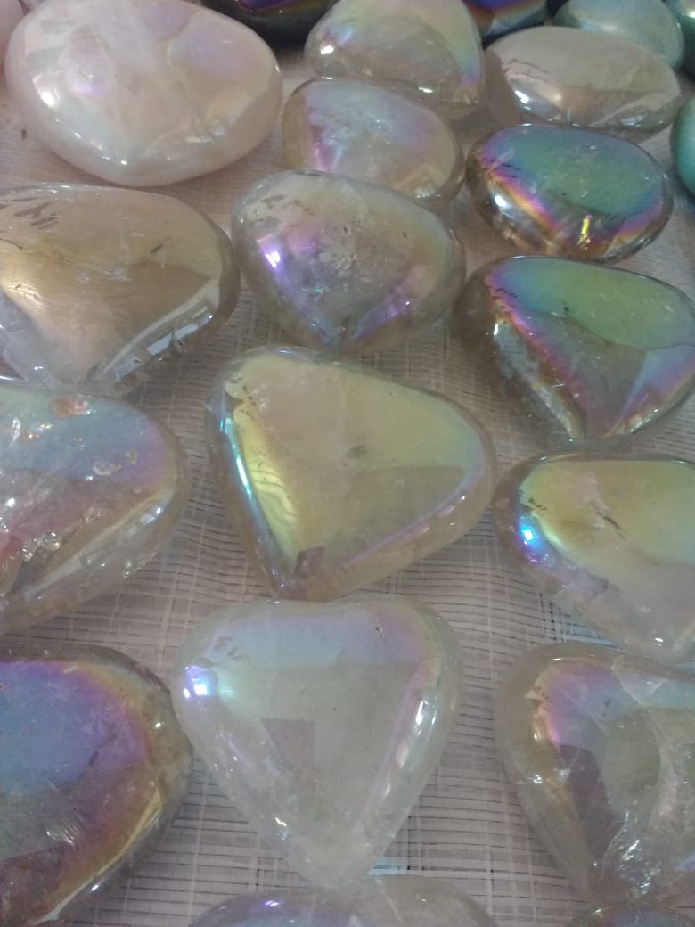 Stones from Uruguay - Angel Aura Titanium Coated Clear Quartz  Crystal Hearts