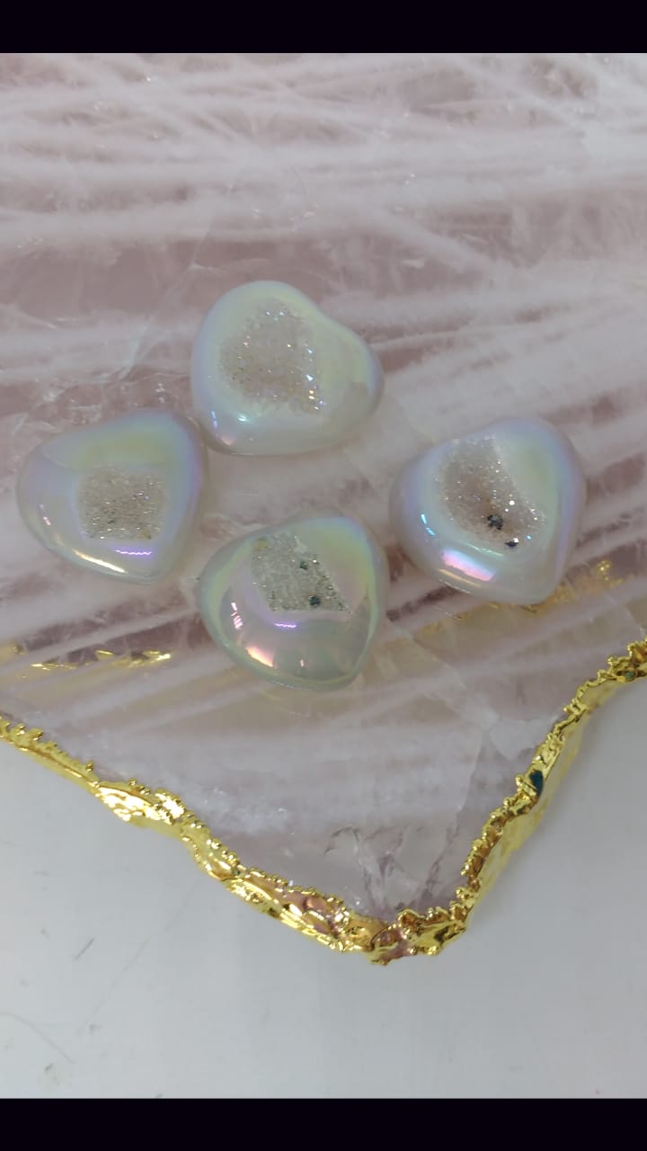 Stones from Uruguay - Angel Aura Agate Druzy Heart Cabochons, 30mm