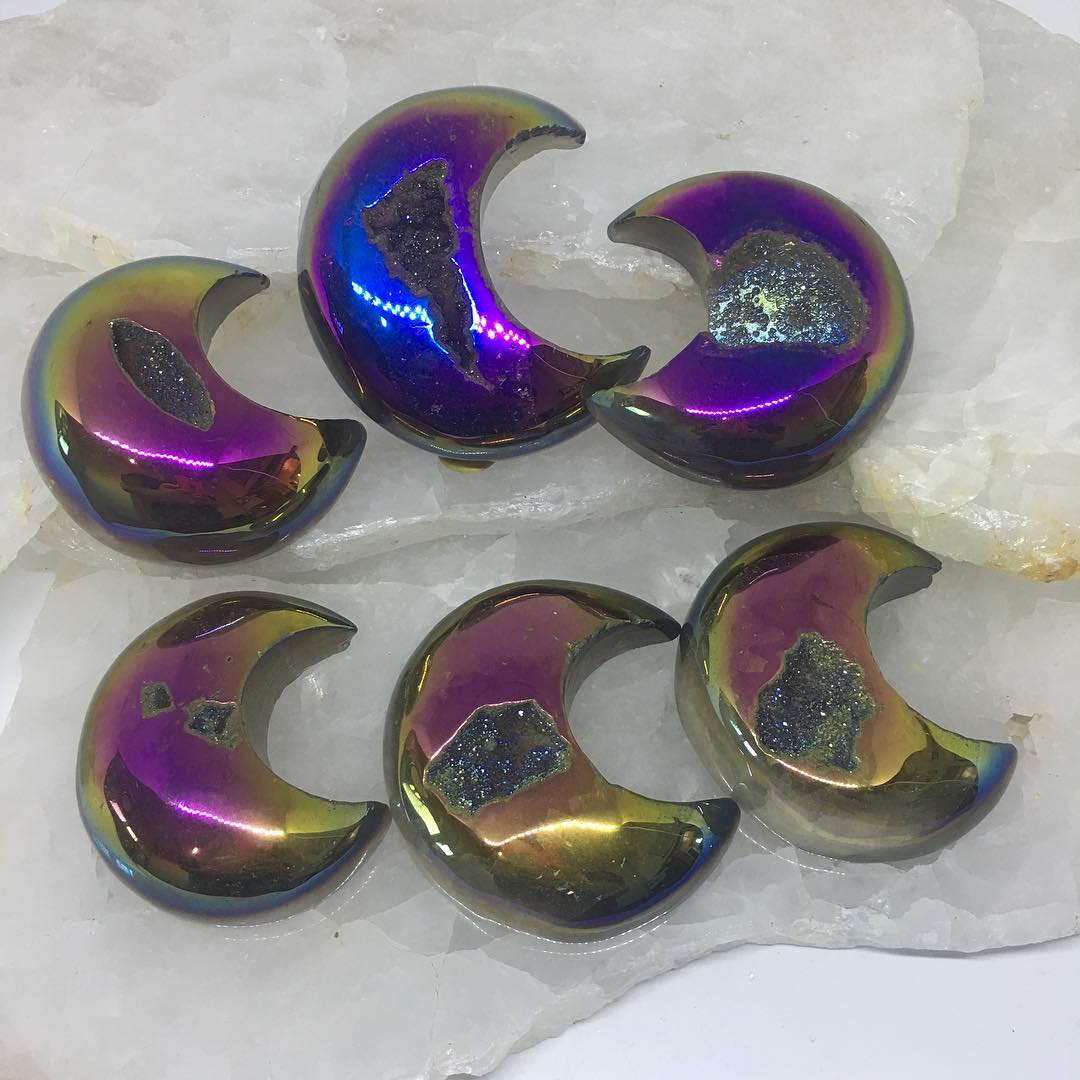 Stones from Uruguay - Rainbow Coated Agate Druzy Crecent Moon Cabochons