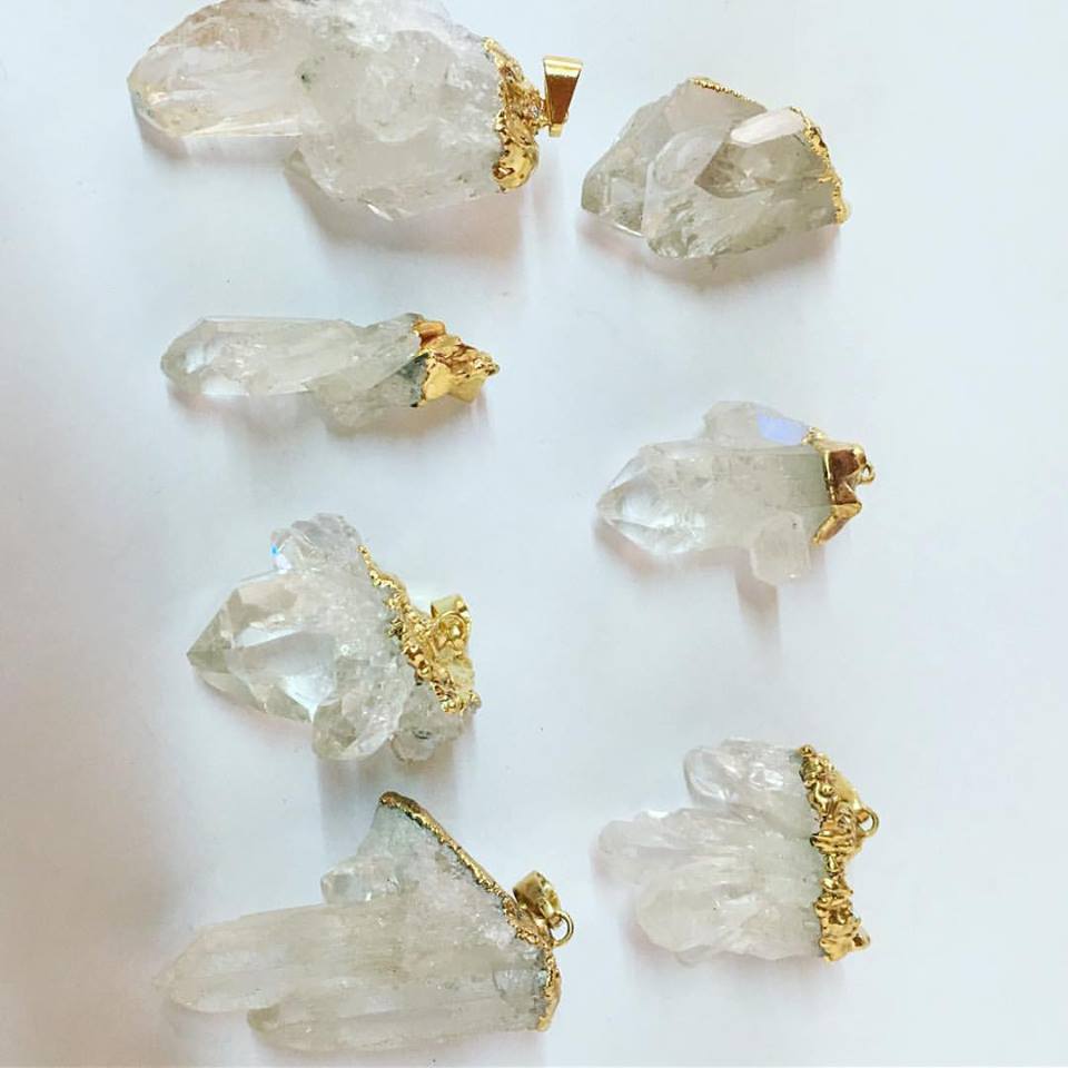 Stones from Uruguay - Clear Quartz Crystal Cluster Pendants - Gold Plated