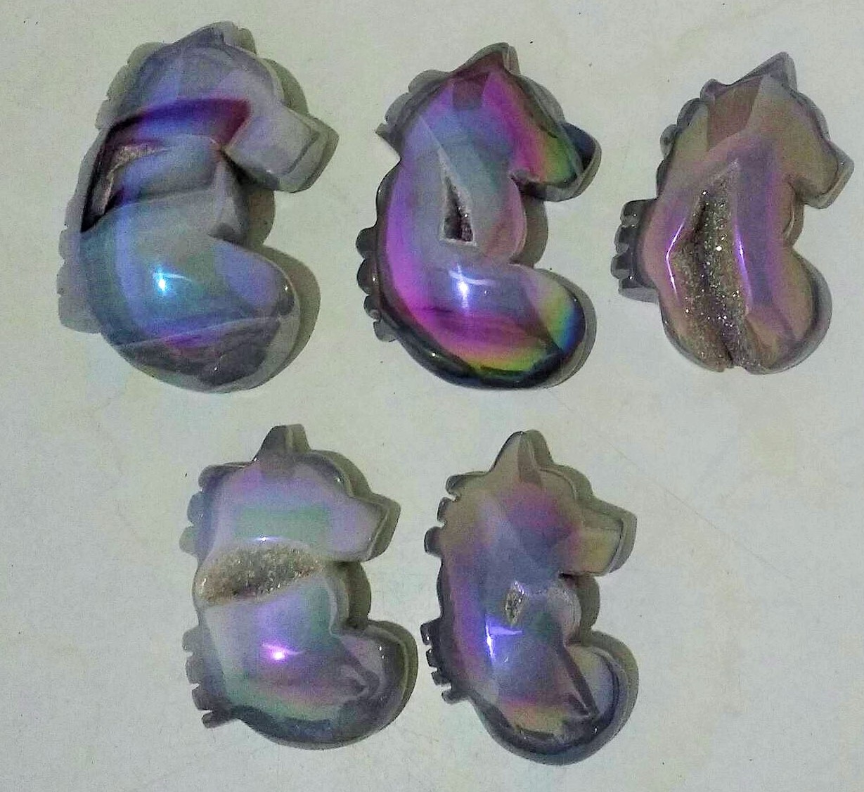 Stones from Uruguay -  Angel Flame Aura Agate Druzy Seahorse Cabochons - Angel  Royal Aura Agate Druzy Seahorse Cabochons -  Titanium Aura Coated  Agate Druzy Seahorse Cabochons