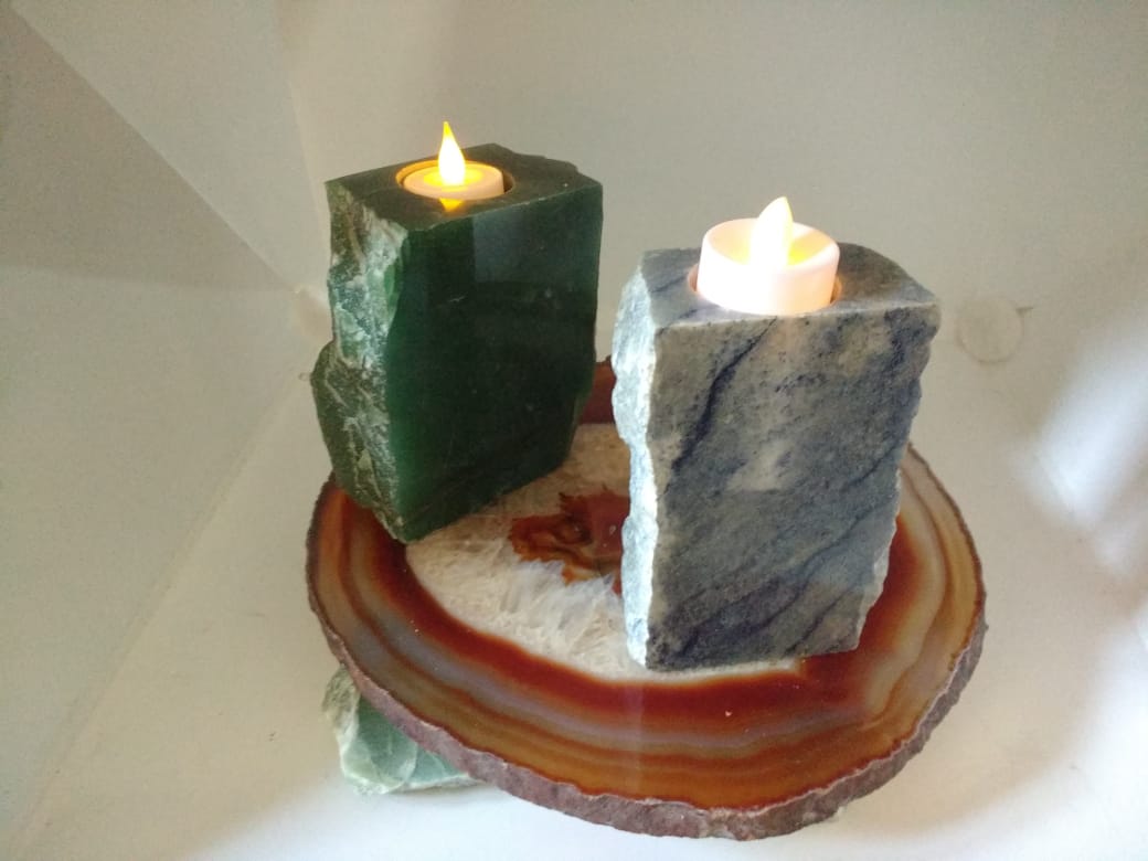 Stones from Uruguay - Skinny Blue Quartz  and Green aventurine  Candle Holders (top and two polished  sides)