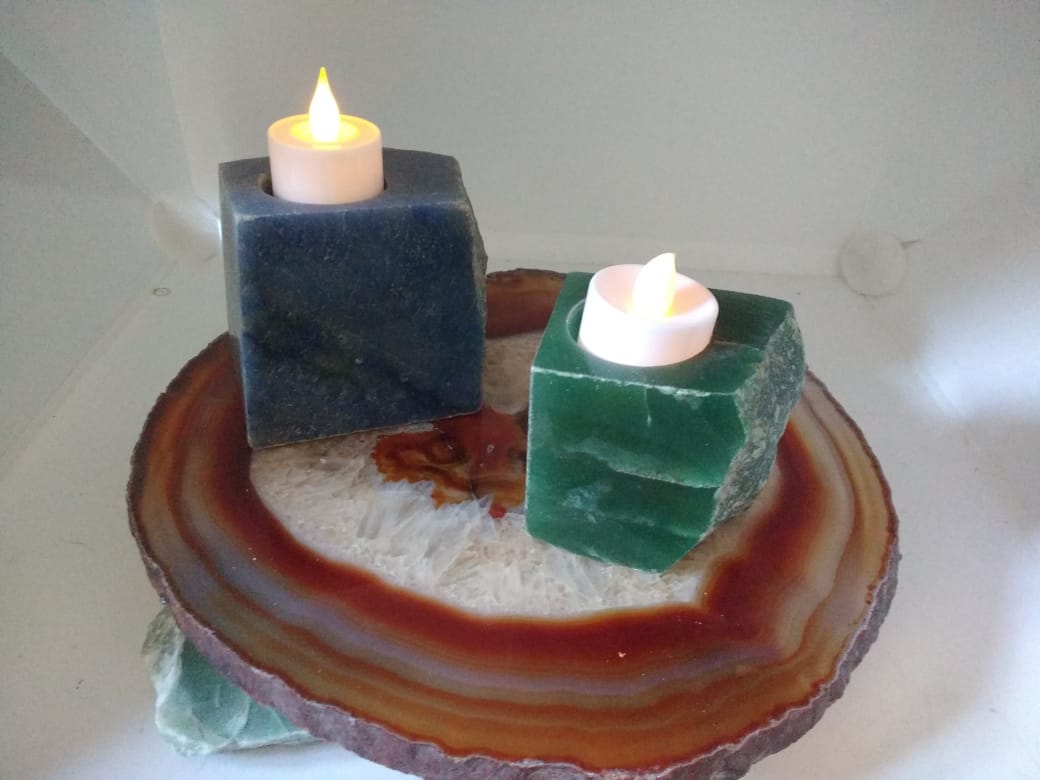 Stones from Uruguay -  Blue Quartz and Green Aventurine  Candle Holders with Three Polished Sides