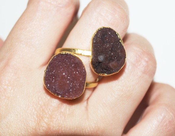 Stones from Uruguay - Ring of Double Druzy with Eye and Gold Plating