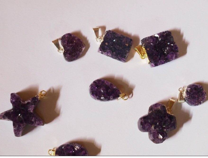 Stones from Uruguay - Amethyst Druzy Pendants with Gold Plated (dark purple)